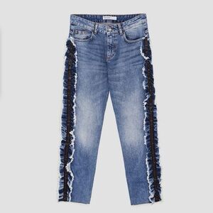 Zara Z1975 Denim Jeans With Ruffle Side Stripe & Fraying